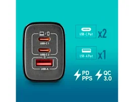 Ngs Cargador de Pared GaN Ultarrápido 65W con 3 Puertos (2 USB-C PD/PPS y 1 USB-A QC3.0) para Portátil, Smartphone y Tablet