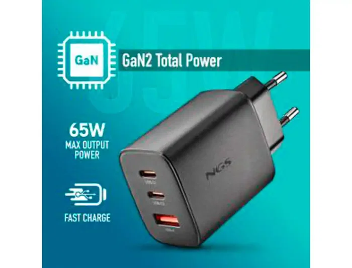 Ngs Cargador de Pared GaN Ultarrápido 65W con 3 Puertos (2 USB-C PD/PPS y 1 USB-A QC3.0) para Portátil, Smartphone y Tablet