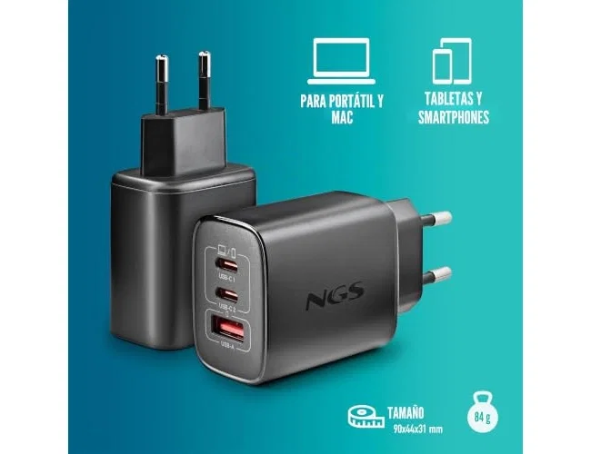 NGS ERA 65W BLACK Cargador de Pared GaN 2xUSB-C y 1xUSB-A NGS ERA 65W BLACK Cargador de Pared GaN 2xUSB-C y 1xUSB-A