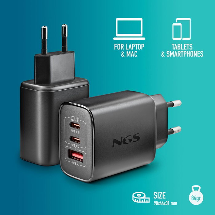 NGS Cargador de Pared GaN ERA 65W con 2 USB-C y 1 USB-A Negro