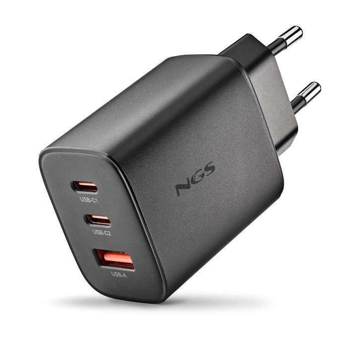 NGS Cargador de Pared GaN ERA 65W con 2 USB-C y 1 USB-A Negro