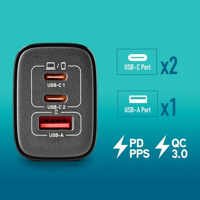 NGS Cargador de Pared GaN ERA 65W con 2 USB-C y 1 USB-A Negro