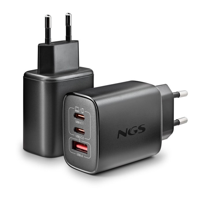 NGS Cargador de Pared GaN ERA 65W con 2 USB-C y 1 USB-A Negro
