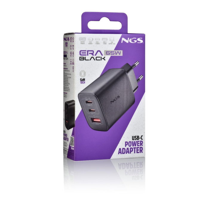 NGS Cargador de Pared GaN ERA 65W con 2 USB-C y 1 USB-A Negro