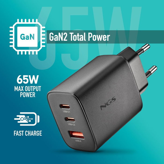 NGS Cargador de Pared GaN ERA 65W con 2 USB-C y 1 USB-A Negro
