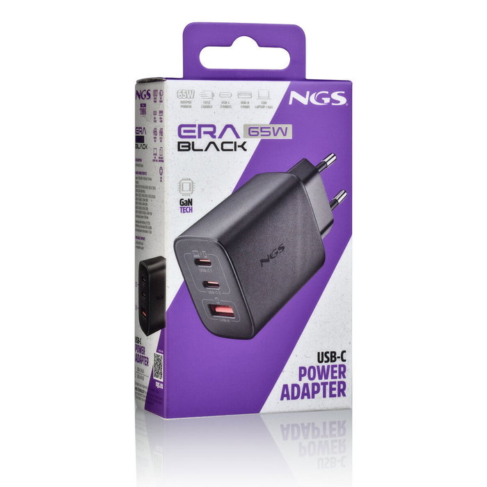 NGS Cargador de Pared GaN ERA 65W con 2 USB-C y 1 USB-A Negro