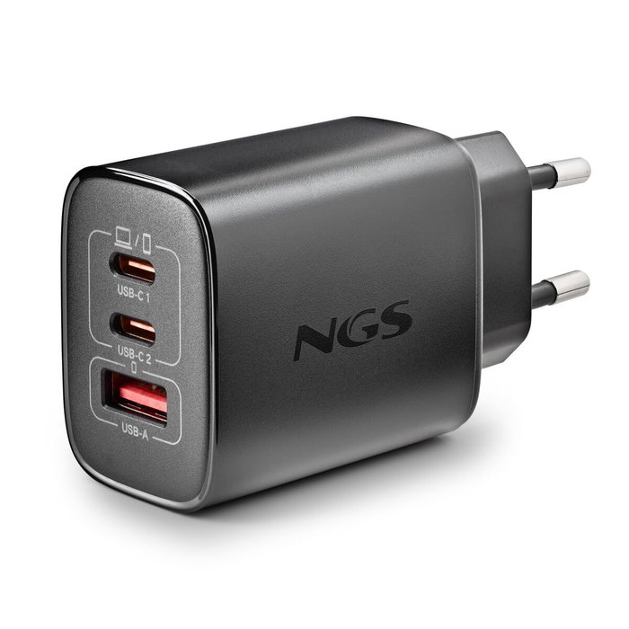 NGS Cargador de Pared GaN ERA 65W con 2 USB-C y 1 USB-A Negro