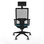 Silla de oficina Horna con mecanismo Sincro/Traslack tapizada con Tela color Turquesa y malla color Blanco. Equipada con lumbar 1D, Brazos 1D, Cabecero Fijo y Ruedas 65 mm parqué