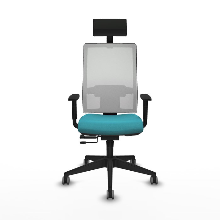 Silla de oficina Horna con mecanismo Sincro/Traslack tapizada con Tela color Turquesa y malla color Blanco. Equipada con lumbar 1D, Brazos 1D, Cabecero Fijo y Ruedas 65 mm parqué