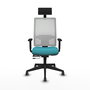 Silla de oficina Horna con mecanismo Sincro/Traslack tapizada con Tela color Turquesa y malla color Blanco. Equipada con lumbar 1D, Brazos 1D, Cabecero Fijo y Ruedas 65 mm parqué