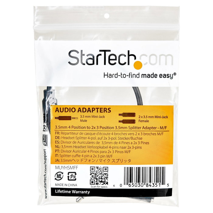 StarTech.com Adaptador de Auriculares con Micrófono Mini-Jack 3,5mm 4 Pines a 2x3,5mm Separados M-H - 0,2m Negro