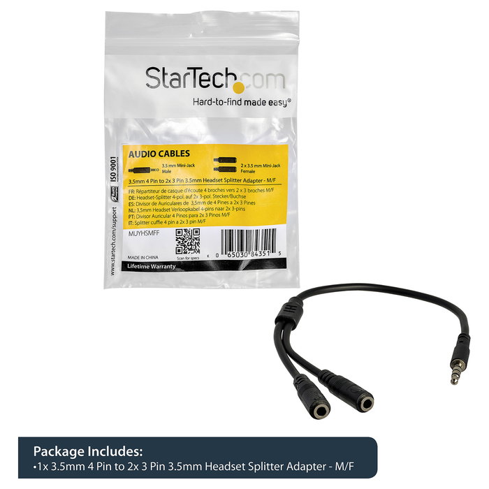 StarTech.com Adaptador de Auriculares con Micrófono Mini-Jack 3,5mm 4 Pines a 2x3,5mm Separados M-H - 0,2m Negro