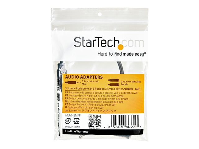Startech Adaptador Mini Jack 3.5mm TRRS Macho a 2x Hembra para Separar Audio y Micrófono, 20 cm, CTIA, Negro