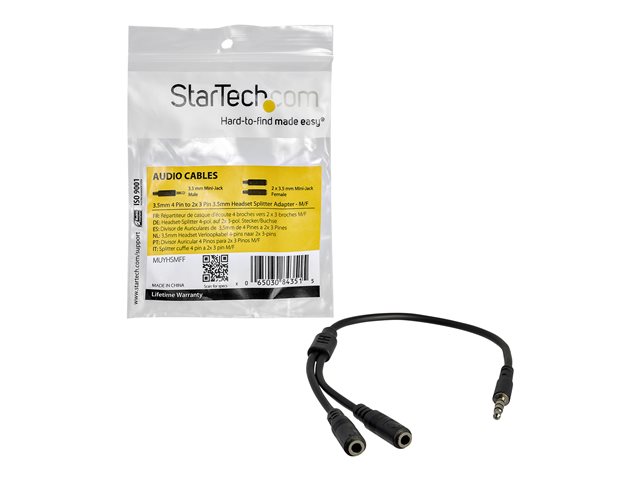 Startech Adaptador Mini Jack 3.5mm TRRS Macho a 2x Hembra para Separar Audio y Micrófono, 20 cm, CTIA, Negro