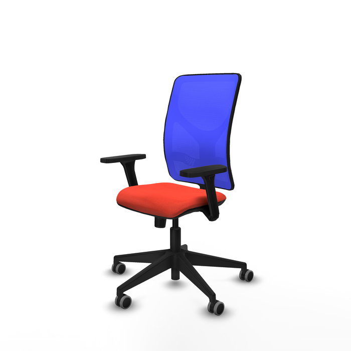 Silla de oficina Motilla con mecanismo Sincro tapizada con Tela color Naranja oscuro y malla color Azul. Equipada con lumbar 1D, Brazos 3D y Ruedas 65 mm parqué