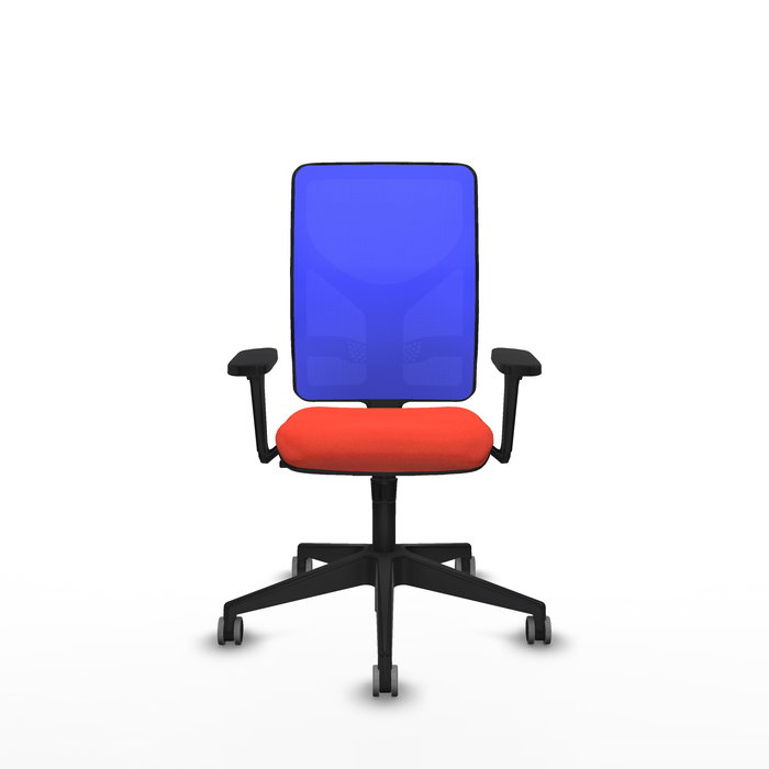 Silla de oficina Motilla con mecanismo Sincro tapizada con Tela color Naranja oscuro y malla color Azul. Equipada con lumbar 1D, Brazos 3D y Ruedas 65 mm parqué