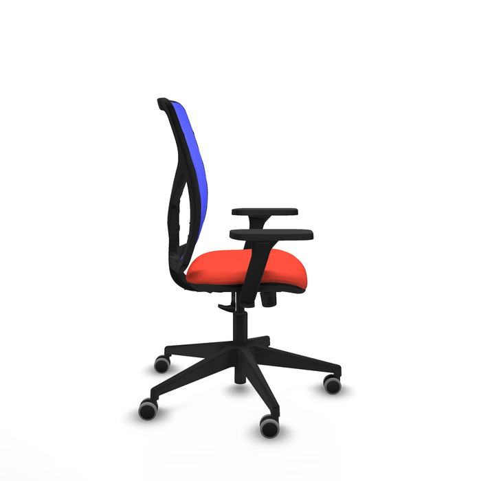 Silla de oficina Motilla con mecanismo Sincro tapizada con Tela color Naranja oscuro y malla color Azul. Equipada con lumbar 1D, Brazos 3D y Ruedas 65 mm parqué