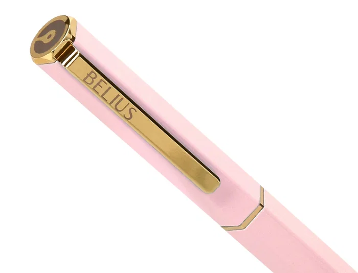 Belius Macaron Bliss Bolígrafo, Rosa y Dorado, Tinta Azul, Punta 0,8 mm, Elegante Diseño Hexagonal para Escribir con Estilo