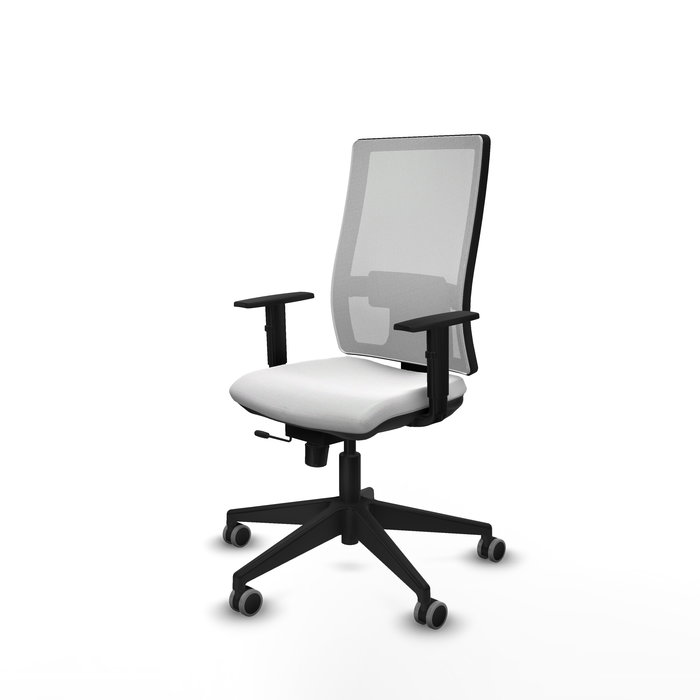 Silla de oficina Horna con mecanismo Sincro/Traslack tapizada con Tela color Blanco. Equipada con lumbar 1D, Brazos 1D y Ruedas 65 mm parqué