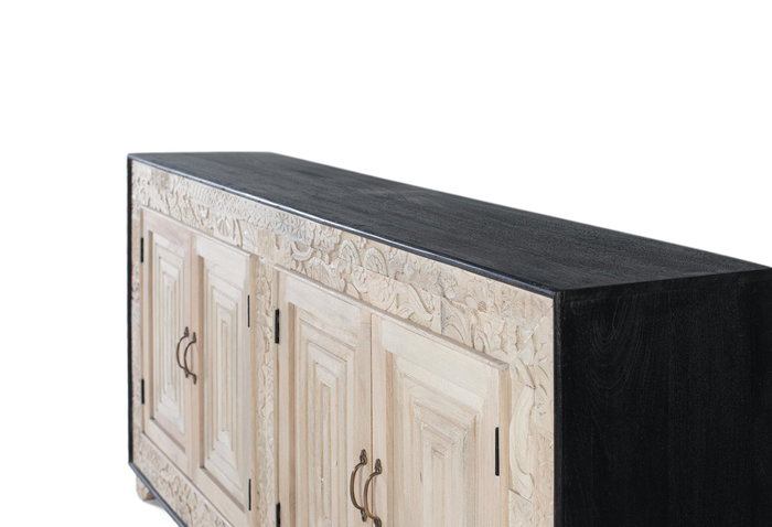 GINER Y COLOMER Aparador de Madera Mango Maciza Tallado a Mano, 4 Puertas, Color Natural y Negro, 195 cm