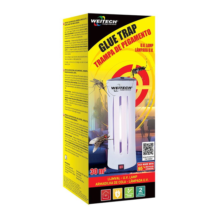 Weitech Lámpara Atrapa Insectos Voladores con Luz UV, Trampa Adhesiva, 9W, Alcance 30m², Dimensiones Ø12x29.7cm