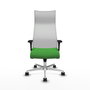 Sillón Albacete con mecanismo Sincro tapizada con Tela color Verde y malla color Blanco. Equipado con Base aluminio, Brazos 1D y Ruedas 65mm nailon