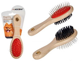Mascow Cepillo Doble para Mascota Mango Madera Acero Plástico Negro Marrón Rojo 9.7x5.5x5 cm (Set de 24)