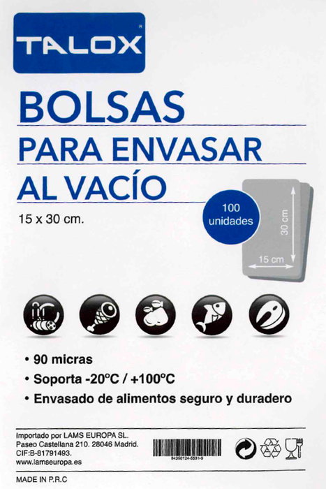 TALOX 100 Bolsas para Envasar al Vacío de 90µ, 15cm x 30cm