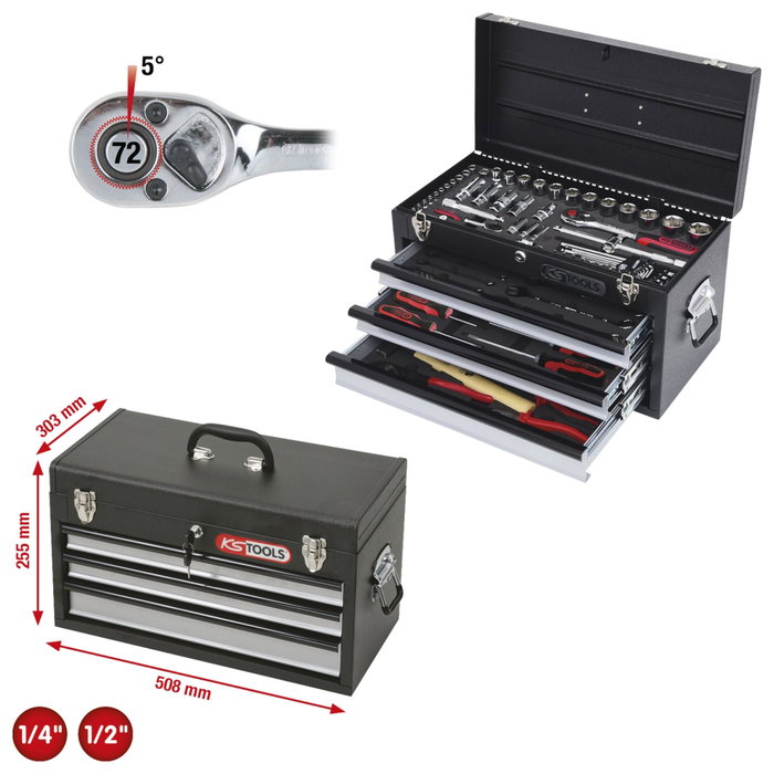 KS Tools CHROMEplus Juego de herramientas universal 1/4 + 1/2, 99 piezas KS Tools CHROMEplus Juego de herramientas universal 1/4 + 1/2, 99 piezas