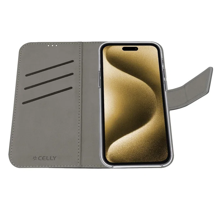 Celly WALLY Funda para iPhone 17 Pro Max Funda Cartera Imitación Piel con Soporte de Sobremesa y 3 Bolsillos para Tarjetas Color Arena