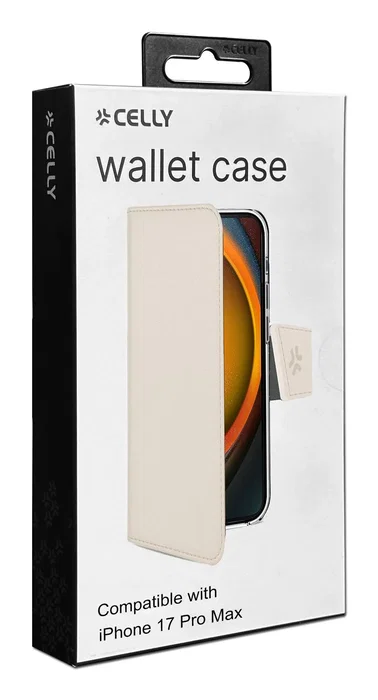 Celly WALLY Funda para iPhone 17 Pro Max Funda Cartera Imitación Piel con Soporte de Sobremesa y 3 Bolsillos para Tarjetas Color Arena