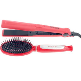 Revlon RVST2176 Plancha o Alisador de Pelo Profesional de Cerámica 200°C con Cepillo y Funda Térmica, Set de 3 Piezas