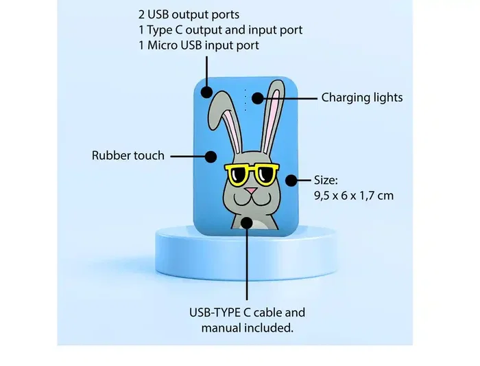 Wondee Batería Externa 10.000 mAh Conejo Gafas Sol Diseño Alegre y Estilo