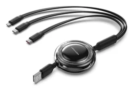 Vention Cable USB Retráctil TRJBBE USB-A a USB-C/Lightning 1,1m Negro