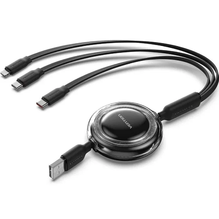 Vention TRJBBE Cable USB Retráctil 3 en 1, USB-A/Lightning/USB-C, 10 Gbps, hasta 17.5W, 1.1m, Negro