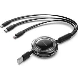 Vention TRJBBE Cable USB Retráctil 3 en 1, USB-A/Lightning/USB-C, 10 Gbps, hasta 17.5W, 1.1m, Negro