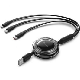 Vention Cable Retráctil 3 en 1 USB-A, USB-C y Lightning, 1.1m, Negro