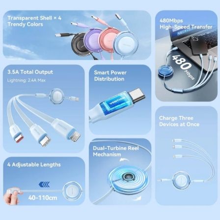 Vention TRJBBE Cable USB Retráctil USB Macho - Lightning / 2x USB Tipo-C 1.1m 10Gbps Negro