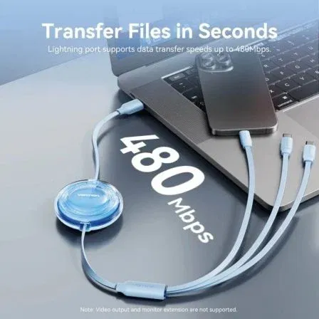 Vention TRJBBE Cable USB Retráctil USB Macho - Lightning / 2x USB Tipo-C 1.1m 10Gbps Negro