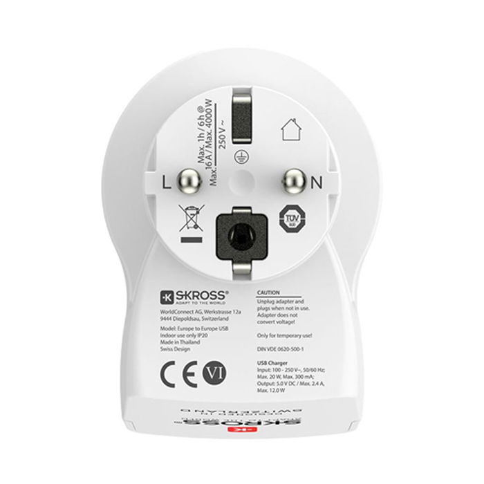 Skross Adaptador Viaje Europa con 2 Puertos USB 5V (1500282) Máx. 2.4A Compartidos