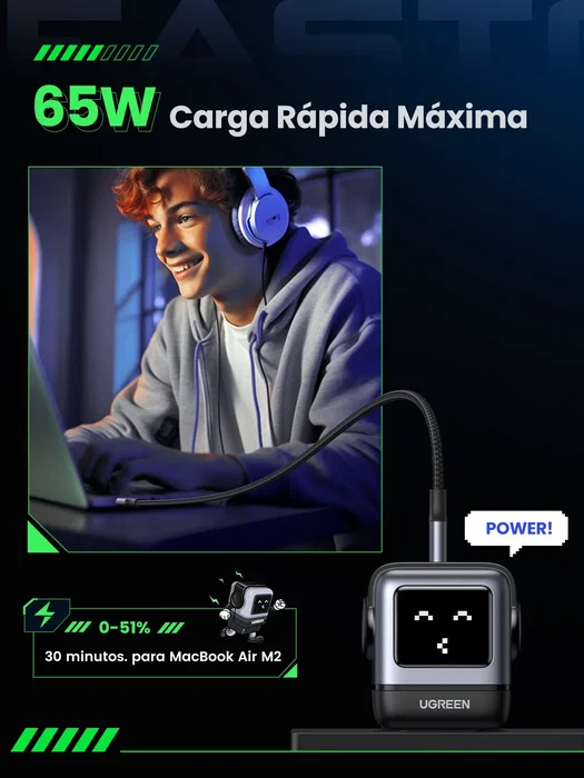 UGREEN Nexode RG 65W 3-Port GaN Cargador de robot Gris