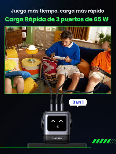 UGREEN 25685B Cargador Nexode RG 65W 3 Puertos GaN Carga Rápida Interior Gris