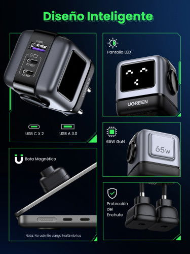 UGREEN 25685B Cargador Nexode RG 65W 3 Puertos GaN Carga Rápida Interior Gris