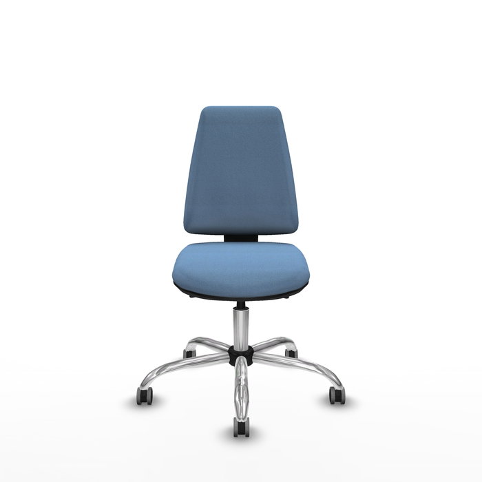 Silla de oficina Elche con mecanismo Asincro tapizada con Tela color Azul cielo. Equipada con Base cromada, Sin brazos y Ruedas 65 mm parqué