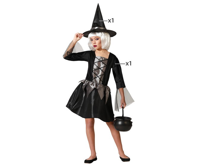 Disfraz Bruja Infantil Gris con Vestido Corto y Sombrero para Niña 7-9 Años Disfraz Bruja Infantil Gris con Vestido Corto y Sombrero para Niña 7-9 Años