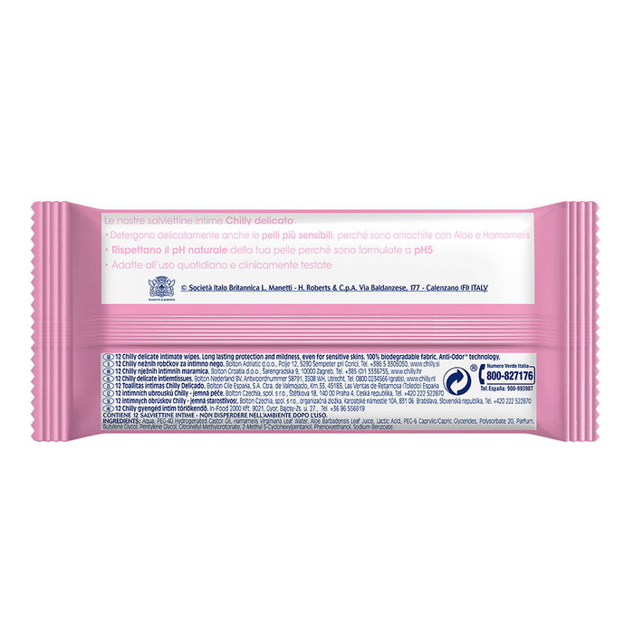 Chilly DELICADO Toallitas Íntimas de Higiene con Aloe y Hamamelis, pH 5, Biodegradables, Paquete de 12 unidades