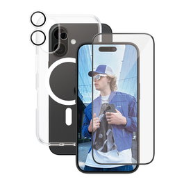 PanzerGlass CARE Flagship 3 en 1 Kit Protector de Pantalla de Vidrio Templado Anti Rayas y Golpes para Apple iPhone 16, Aplicación Fácil, Incluye Band. Instalación y Paños
