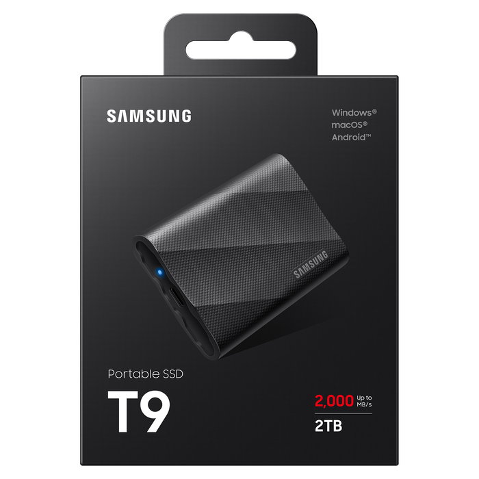 Samsung T9 Portable SSD 2TB USB 3.2 Gen 2x2 (MU-PG2T0B) Negro - 2000 MB/s, Protección Contra Caídas, Cifrado AES 256-bit