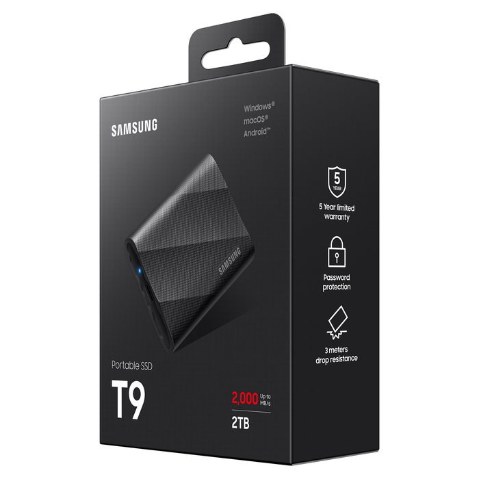Samsung T9 Portable SSD 2TB USB 3.2 Gen 2x2 (MU-PG2T0B) Negro - 2000 MB/s, Protección Contra Caídas, Cifrado AES 256-bit