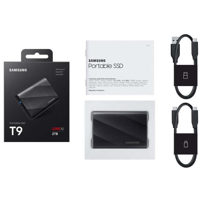 Samsung T9 Portable SSD 2TB USB 3.2 Gen 2x2 (MU-PG2T0B) Negro - 2000 MB/s, Protección Contra Caídas, Cifrado AES 256-bit